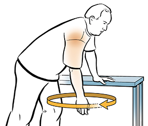 Man leaning over and moving body to make arm swing in circle.
