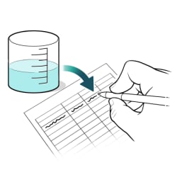 Hand writing on log next to measuring cup containing fluid.