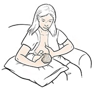 Female breastfeeding premature baby in football hold.