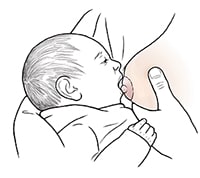 Female holding baby to breast, preparing to latch on.