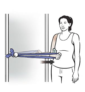 Woman doing internal rotation shoulder exercise with band on door knob