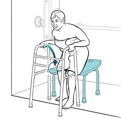 Person holding onto walker, starting to sit, with arrow indicating person should move hand to side of chair that leg is touching.