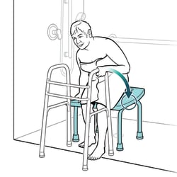 Person holding onto walker and chair, with arrow indicating that person should move hand holding walker to chair.