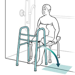 Person sitting on chair, with arrow pointing from walker to empty space next to walker.