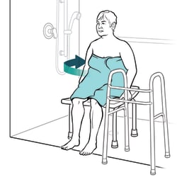 Person sitting on chair with walker to the side and arrow indicating person should turn toward showerhead.