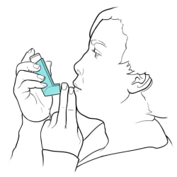 Person using two fingers to measure the correct distance between lips and inhaler.