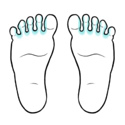 Bottom of feet with area between each toe highlighted.