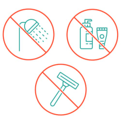 Icons of shower head, products in bottles and tubes, and razor, each inside a prohibition symbol.