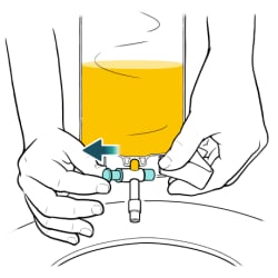 One hand holding catheter bag half full of urine over toilet and other hand pulling out valve to open it.