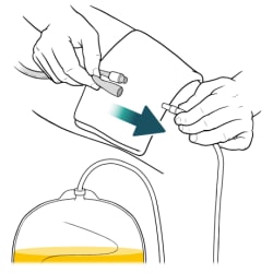 One hand holding bag tube with other hand holding catheter opening and arrow showing bag tube being pulled away from catheter opening.