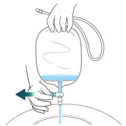 One hand holding top of catheter bag over toilet with other hand pulling out valve to open it and water flowing from bag into toilet.