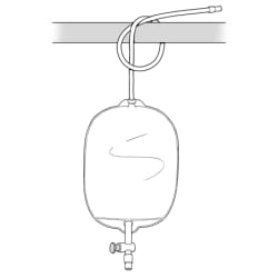 Empty catheter bag hanging from horizontal bar, with tube tied around bar.