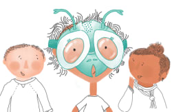 Georgie wears a bug mask.