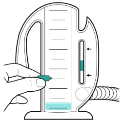 Incentive spirometer with hand sliding goal marker.