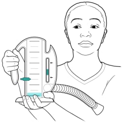 Person holding incentive spirometer upright, with one hand on handle and other hand holding bottom of device.