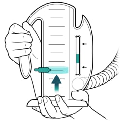 Incentive spirometer with floating piston rising up to goal marker.
