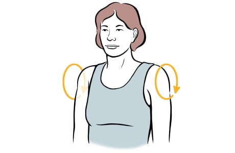 Person doing shoulder roll exercise, showing direction of shoulders rolling back and down.