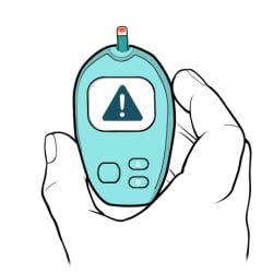 Glucometer with exclamation point on screen.