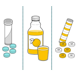 Quick-sugar options, including tube next to 4 glucose tablets, bottle of orange juice with cup of juice, and stack of candies next to 6 candies.