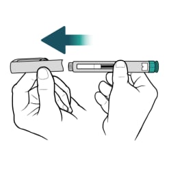 One hand holding insulin pen and other hand pulling off insulin pen cap.