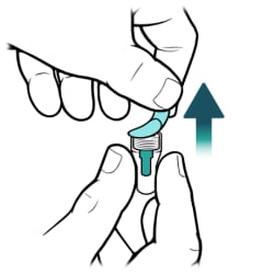 One hand holding sealed needle and other hand removing bottom seal.