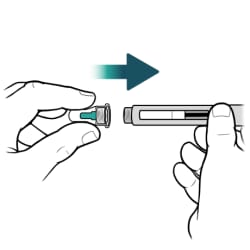 One hand holding insulin pen and other hand pushing new needle onto pen.