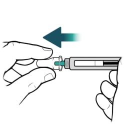 One hand holding insulin pen and other hand pulling outer cap off needle.