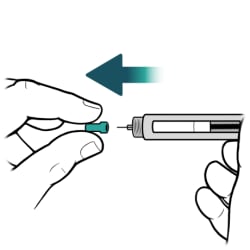 One hand holding insulin pen and other hand pulling smaller inner cap off needle.