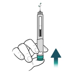 Hand holding insulin pen with needle up and thumb pushing plunger to remove air bubbles.