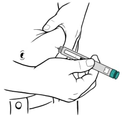One hand pinching skin at chosen spot and other hand pushing needle with loaded insulin into skin, with needle at a 90-degree angle.