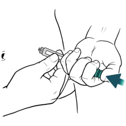 One hand holding insulin pen with  needle inserted into skin and other hand pushing plunger down to inject insulin.