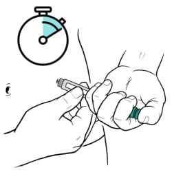 One hand holding insulin pen and other hand holding plunger down, with stopwatch showing time passing.