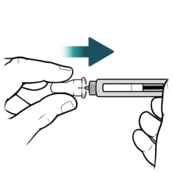 One hand holding insulin pen and other hand pushing clear outer cap back on needle.