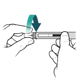 One hand holding insulin pen and other hand turning clear outer cap on needle until loose.