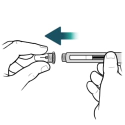One hand holding insulin pen and other hand pulling needle off insulin pen.