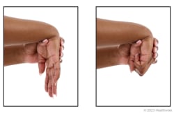 Person doing wrist extensor stretch, both with fingers held out straight and with fist).