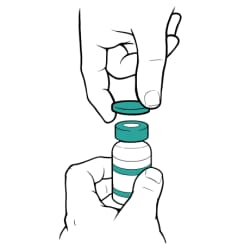 One hand holding insulin bottle and other hand taking cap off.