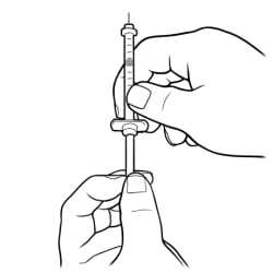 One hand holding syringe with needle facing up and other hand pulling down on plunger.
