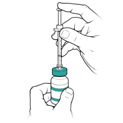 One hand holding insulin bottle and other hand holding syringe, with needle of syringe in top of insulin bottle.