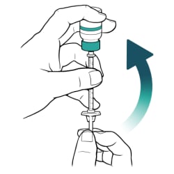 One hand holding insulin bottle upside down and other hand holding plunger.