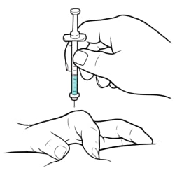 Thumb and index finger pinching skin, with other hand holding syringe at 90 degree angle to skin.