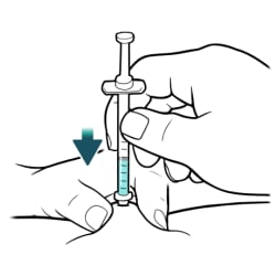 Thumb and index finger pinching skin, with other hand pressing syringe needle into skin.