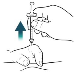 Thumb and index finger letting go of skin and other hand pulling syringe needle straight up from skin.