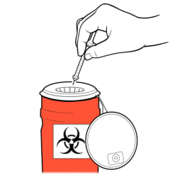 Hand placing used syringe into sharps container.