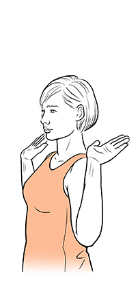 Woman with arms to sides, elbows bent, palms up.