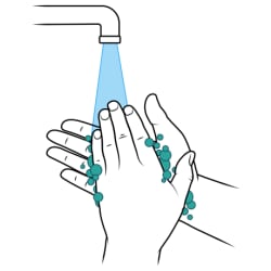 Hands scrubbing with soap under a faucet with running water.