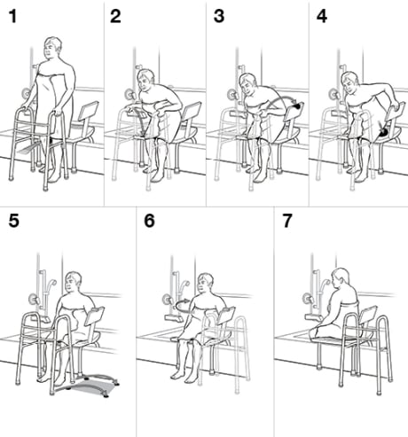 Backing with a walker into tub chair over the tub, sitting down, and then turning body toward showerhead.