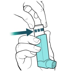 Canister visible at top of inhaler, with arrow pointing to date on canister.