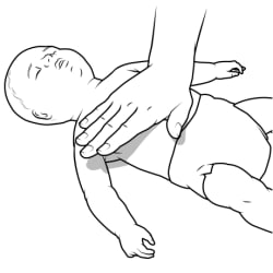 Baby lying on back, with heel of person's hand just below nipple line on center of baby’s chest and person's fingers pointed to side.