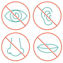Icons of eye, ear, nose, and mouth, each inside a prohibition symbol.